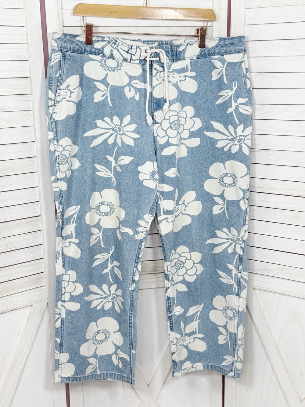 Vintage Tommy Hilfiger Tropical Floral Crop Denim Pants Jeans Blue White Size 1X